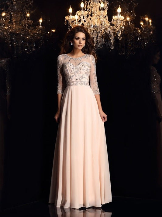 3/4 Beading A-Line/Princess Sleeves Scoop Long Chiffon Dresses