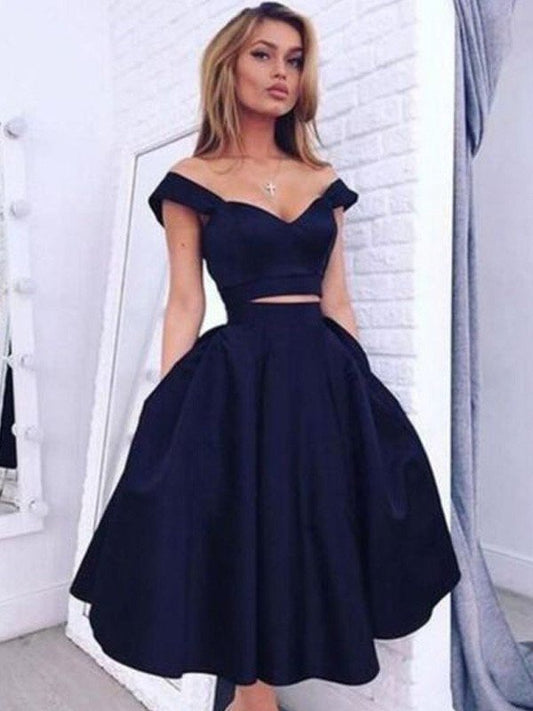 A-Line/Princess Sleeveless Satin Off-the-Shoulder Tea-Length Two Piece Dresses