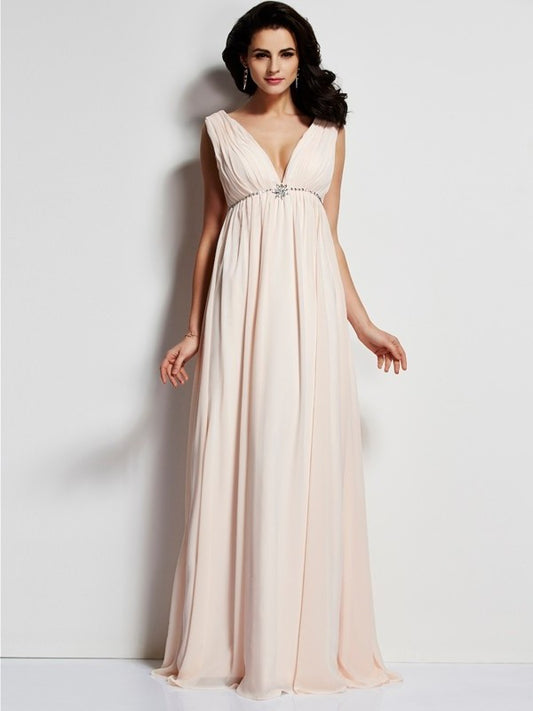 V-neck A-Line/Princess Sleeveless Pleats Long Chiffon Dresses