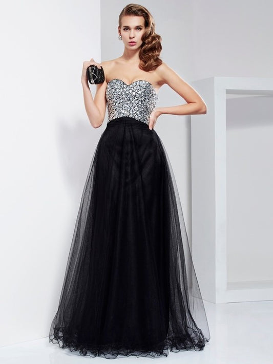 Long Crystal Beading Sleeveless Sweetheart A-Line/Princess Elastic Woven Satin Dresses