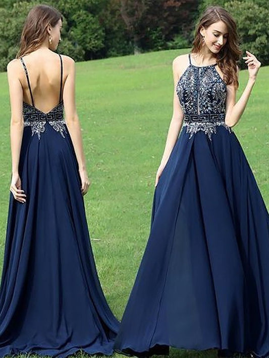 Halter Sleeveless Chiffon A-Line/Princess Beading Sweep/Brush Train Dresses