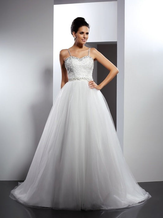 Beading Spaghetti A-Line/Princess Sleeveless Long Straps Tulle Wedding Dresses