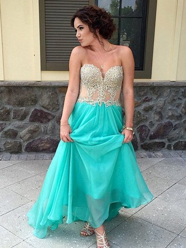 Sleeveless A-Line/Princess Floor-Length Sweetheart Applique Chiffon Dresses