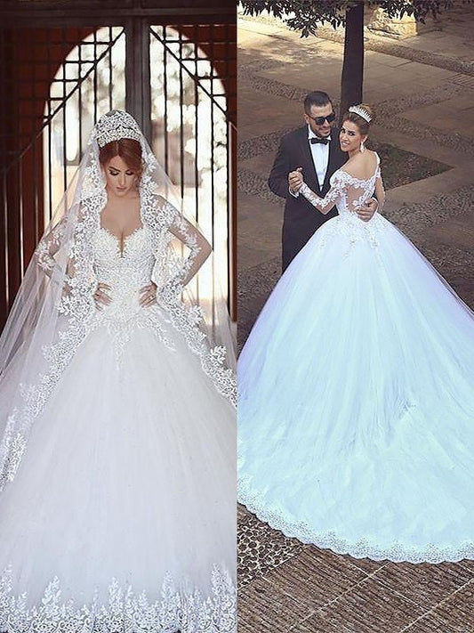 Ball Long Off-the-Shoulder Gown Tulle Sleeves Court Train Wedding Dresses