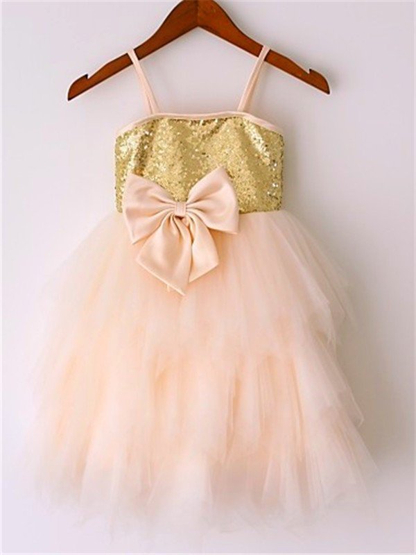 Spaghetti Tea-Length Sleeveless Net Straps A-line/Princess Sequin Flower Girl Dresses