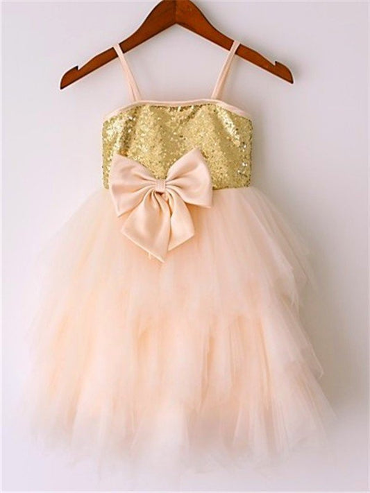 Spaghetti Tea-Length Sleeveless Net Straps A-line/Princess Sequin Flower Girl Dresses