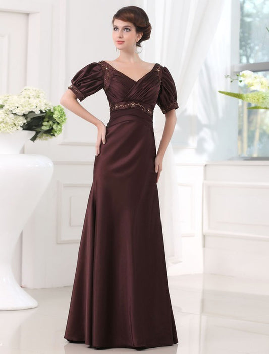 Sleeves V-neck 1/2 Sheath/Column Beading Long Satin Dresses