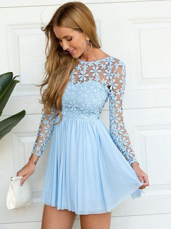 A-Line/Princess Scoop Long Sleeves Micah Lace Short/Mini Chiffon Homecoming Dresses Dresses