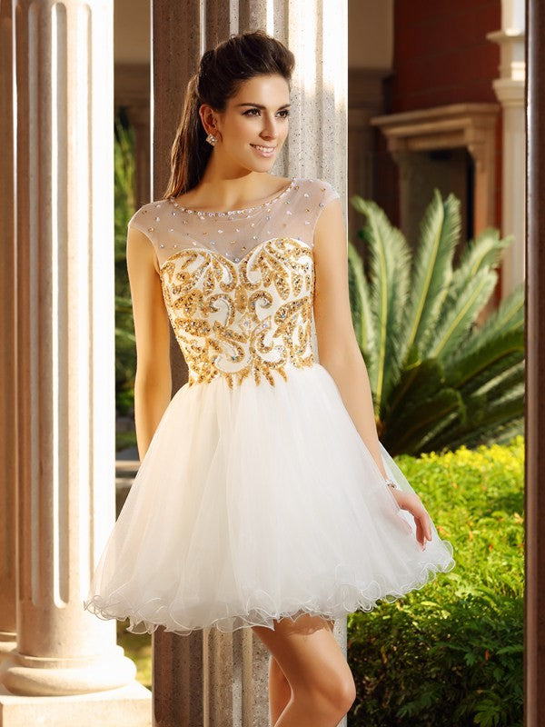 Homecoming Dresses A-Line/Princess Scoop Ruffles Sleeveless Melany Short Net Cocktail Dresses