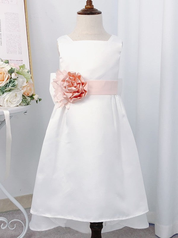 Tea-Length A-Line/Princess Hand-Made Flower Satin Sleeveless Square Flower Girl Dresses