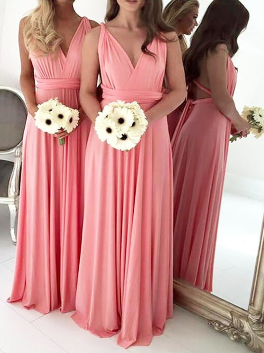 Floor-Length V-neck Spandex A-Line/Princess Sleeveless Bridesmaid Dresses