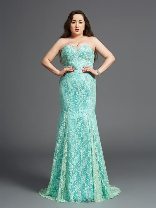 Satin Sleeveless Long Strapless Lace Sheath/Column Plus Size Dresses