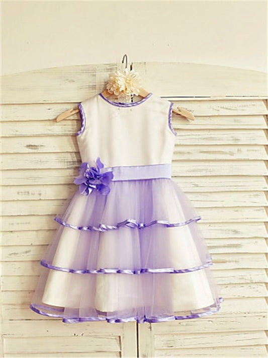 Hand-made Scoop Flower Tea-Length Tulle Sleeveless A-line/Princess Flower Girl Dresses