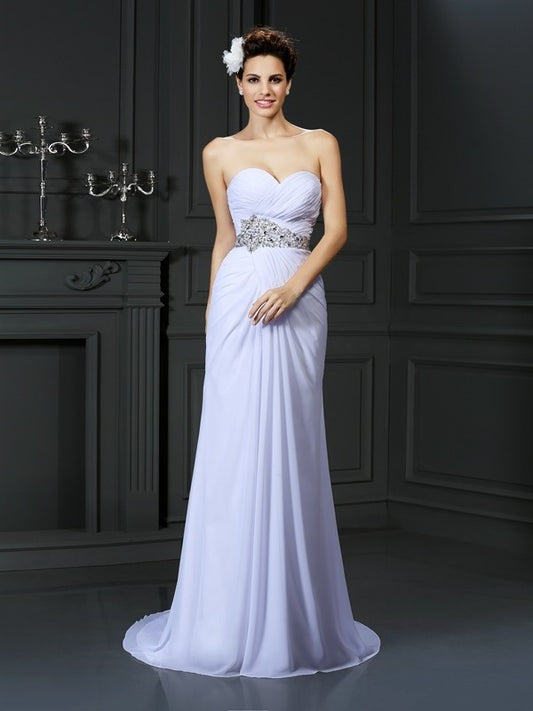 Sweetheart Sheath/Column Long Sleeveless Beading Chiffon Wedding Dresses