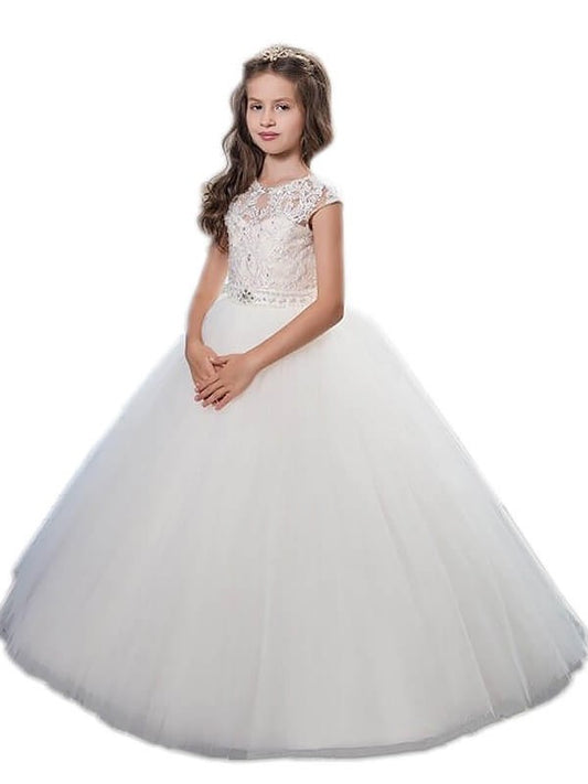 Sleeveless Scoop Tulle Gown Beading Floor-Length Ball Flower Girl Dresses