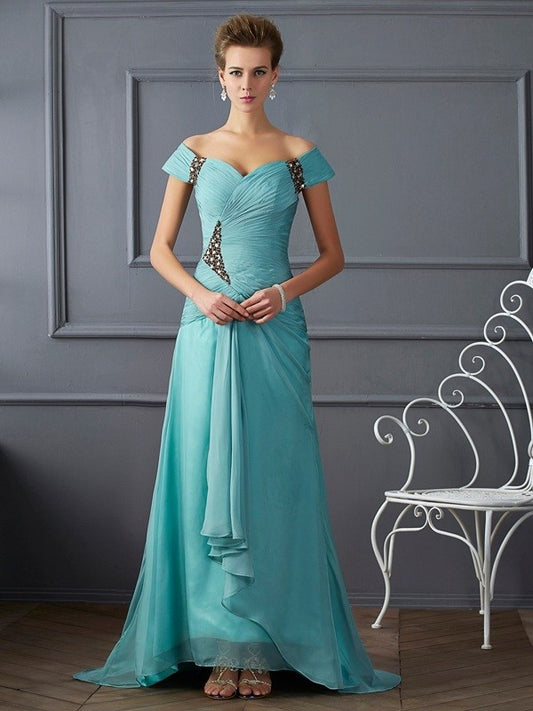 Beading Shoulder the Off Sleeveless A-Line/Princess Long Chiffon Dresses