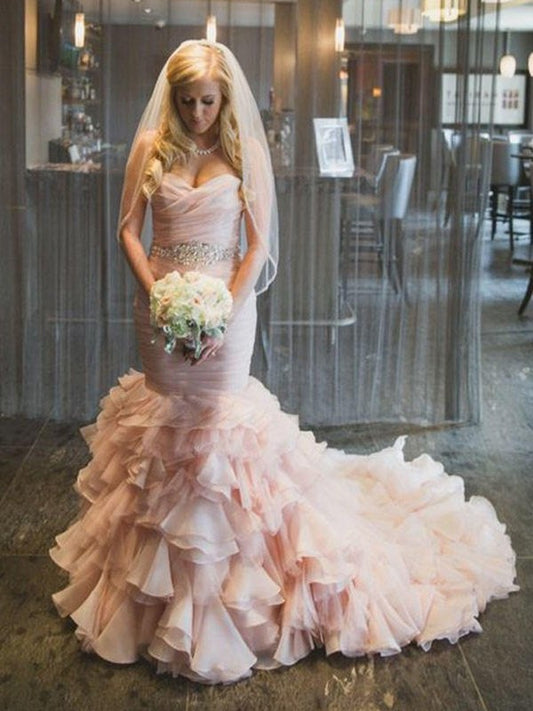 Ruffles Trumpet/Mermaid Sleeveless Court Sweetheart Train Organza Wedding Dresses