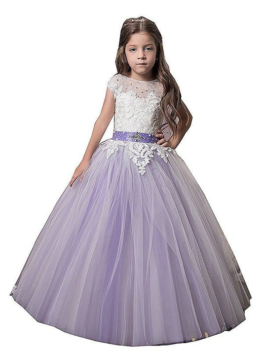 Gown Ball Jewel Floor-Length Sleeveless Tulle Applique Flower Girl Dresses