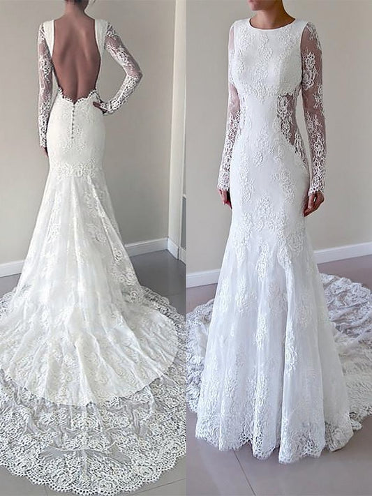 Scoop Court Long Train Trumpet/Mermaid Sleeves Lace Wedding Dresses