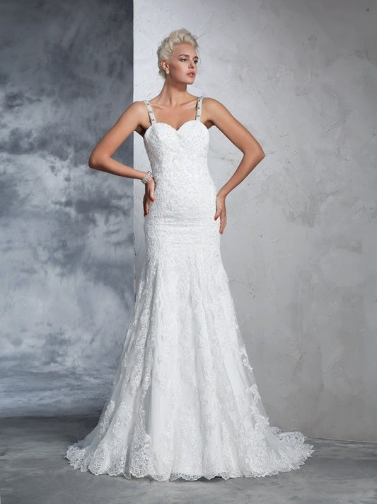 Straps Long Sleeveless Spaghetti Lace Trumpet/Mermaid Lace Wedding Dresses