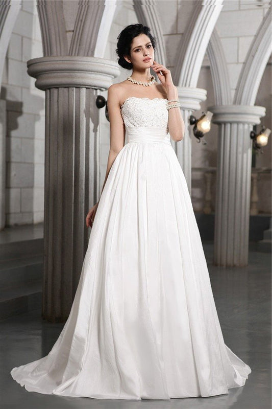 A-Line/Princess Long Applique Strapless Sleeveless Beading Taffeta Wedding Dresses