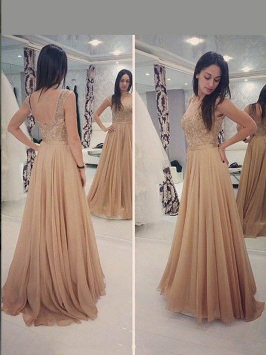 Scoop Sleeveless A-Line/Princess Applique Floor-Length Chiffon Dresses