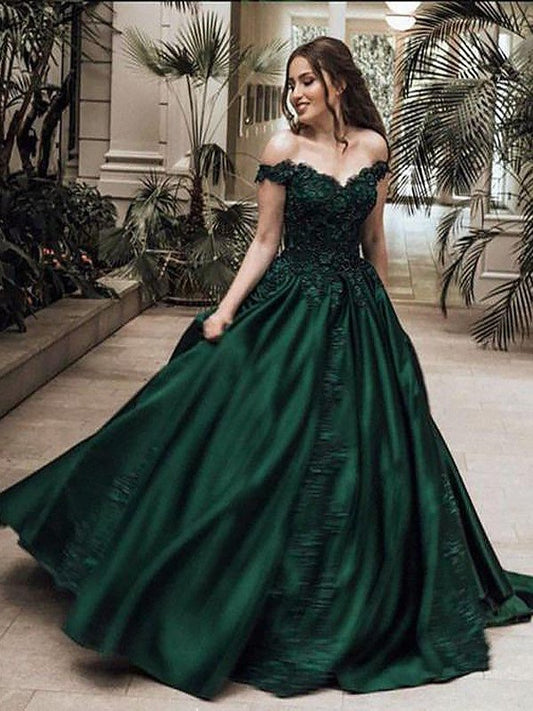 Floor-Length Off-the-Shoulder Ball Gown Sleeveless Lace Satin Dresses