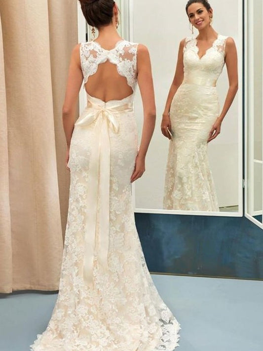 Sweep/Brush Sleeveless V-neck Sash/Ribbon/Belt Trumpet/Mermaid Lace Train Wedding Dresses