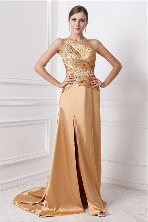 A-Line/Princess Long Sleeveless Beading One-Shoulder Elastic Woven Satin Dresses