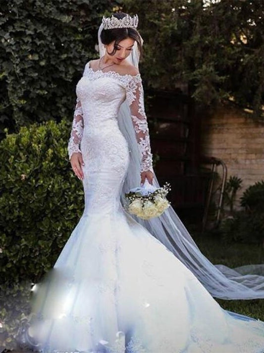 Sleeves Lace Trumpet/Mermaid Sweep/Brush Long Tulle Off-the-Shoulder Train Wedding Dresses