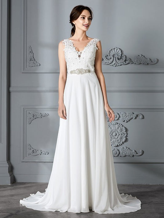 Sweep/Brush A-Line/Princess Train V-neck Sleeveless Chiffon Wedding Dresses