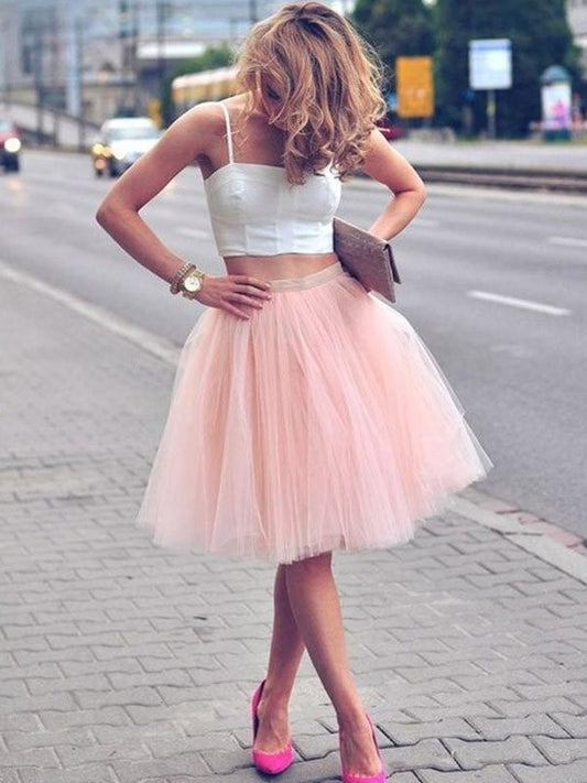 Knee-Length Spaghetti Tulle Straps A-Line/Princess Pleats Sleeveless Two Piece Dresses