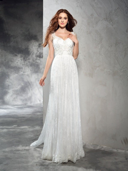 A-Line/Princess Long Straps Sleeveless Lace Lace Wedding Dresses