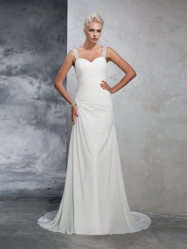 Trumpet/Mermaid Straps Sleeveless Ruched Long Chiffon Wedding Dresses