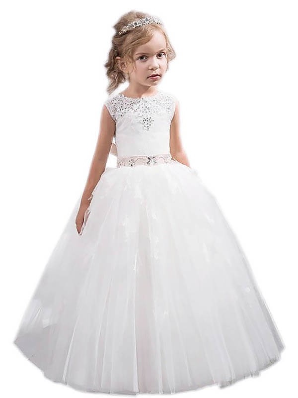 Tulle Gown Crystal Floor-Length Sleeveless Ball Jewel Flower Girl Dresses