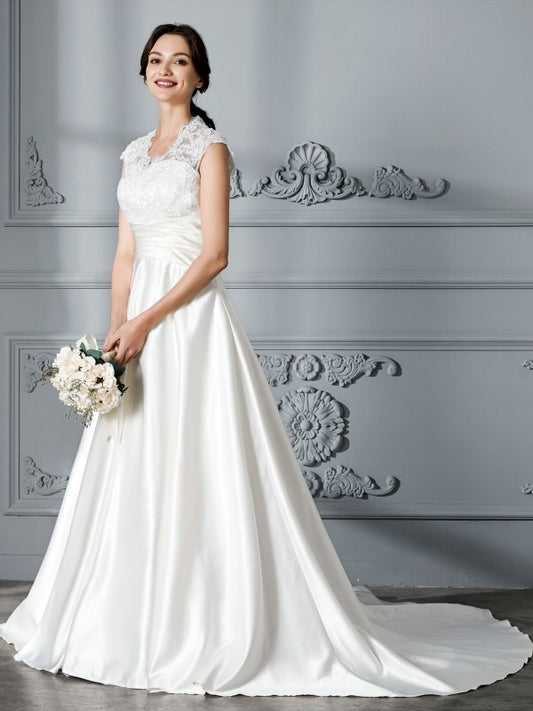 V-neck Court Ball Gown Train Sleeveless Satin Wedding Dresses