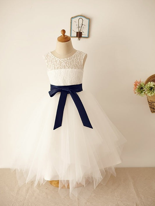 Tea-Length Sash/Ribbon/Belt Sleeveless A-Line/Princess Tulle Scoop Flower Girl Dresses