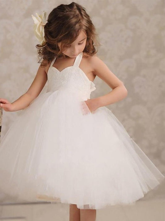 Sleeveless Gown Applique Tulle Knee-Length Ball Halter Flower Girl Dresses