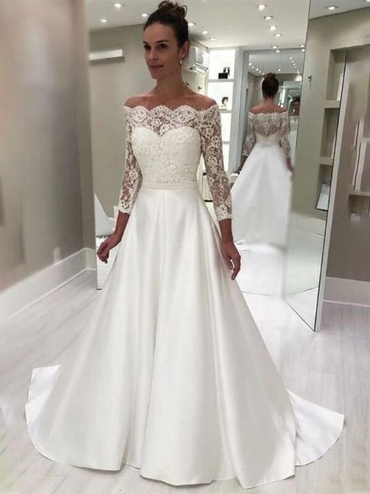 Lace Sweep/Brush Sleeves A-Line/Princess Satin 3/4 Train Off-the-Shoulder Wedding Dresses