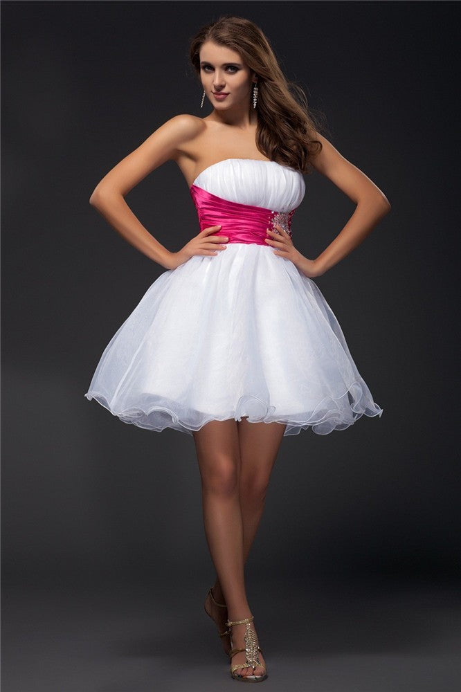 A-Line/Princess Strapless Sleeveless Beading Sash Homecoming Dresses Short Organza Lizeth Elastic Woven Satin Cocktail Dresses