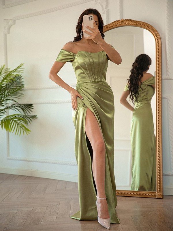 Sheath/Column Satin Ruched Woven Elastic Off-the-Shoulder Sleeveless Floor-Length Dresses