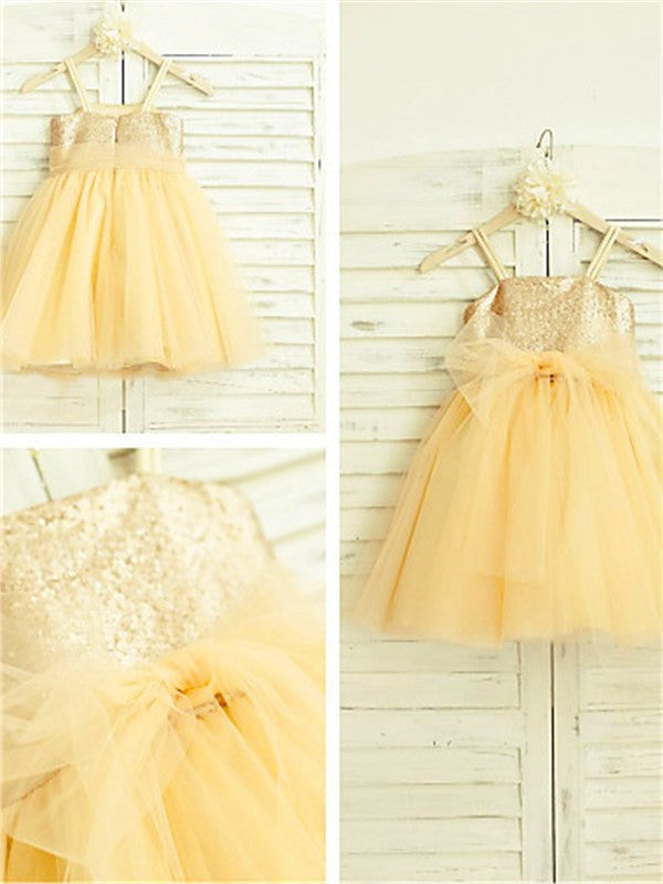 Spaghetti Sleeveless Tulle Sequin Straps A-line/Princess Tea-Length Flower Girl Dresses