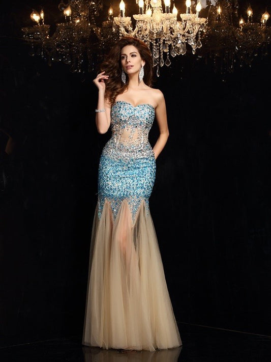 Sweetheart Sheath/Column Beading Sleeveless Long Net Dresses