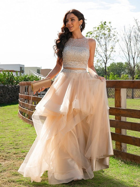 Scoop Floor-Length Sleeveless A-Line/Princess Beading Tulle Two Piece Dresses