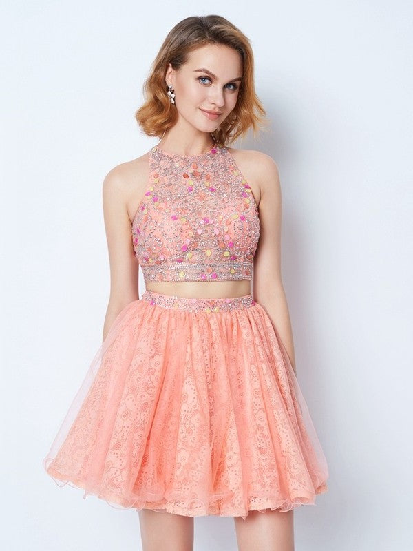 Lace Jewel Beading Short/Mini Sleeveless A-Line/Princess Two Piece Dresses