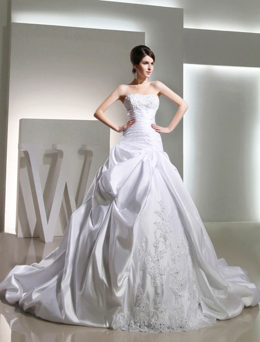 Gown Ball Long Beading Satin Strapless Sleeveless Wedding Dresses