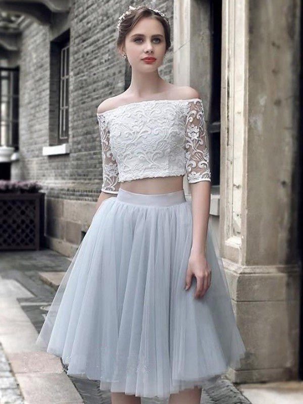 Off-the-Shoulder Tulle Knee-Length 1/2 Sleeves Ruched A-Line/Princess Two Piece Dresses