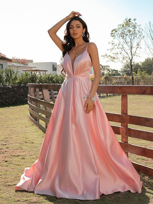 V-neck Ruched A-Line/Princess Satin Sleeveless Sweep/Brush Train Dresses