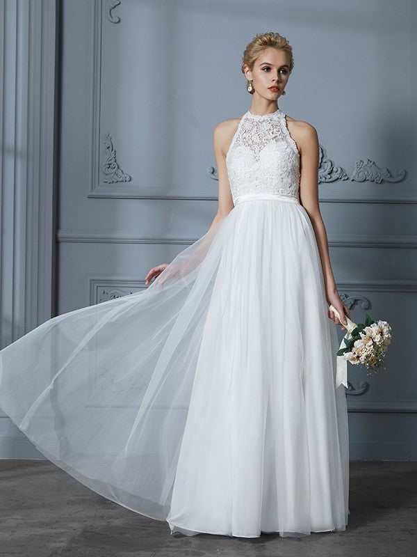 Sleeveless Scoop A-Line/Princess Tulle Floor-Length Wedding Dresses