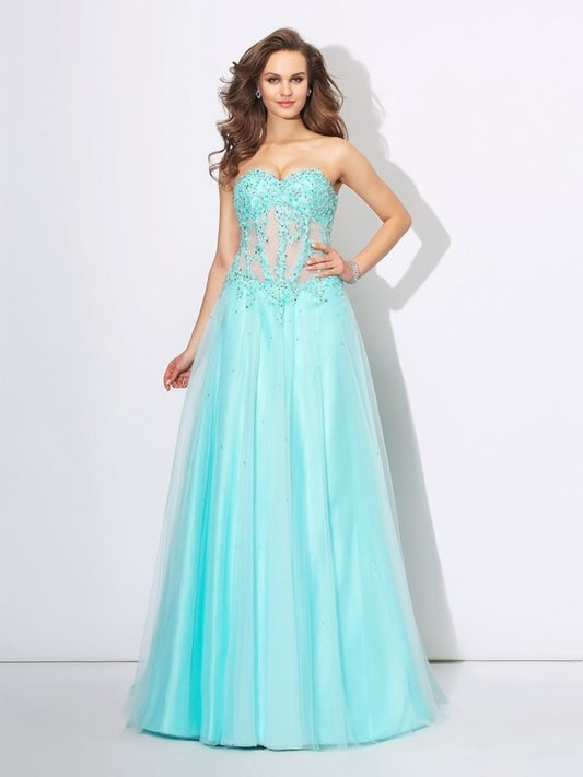 A-Line/Princess Sleeveless Lace Sweetheart Long Net Dresses